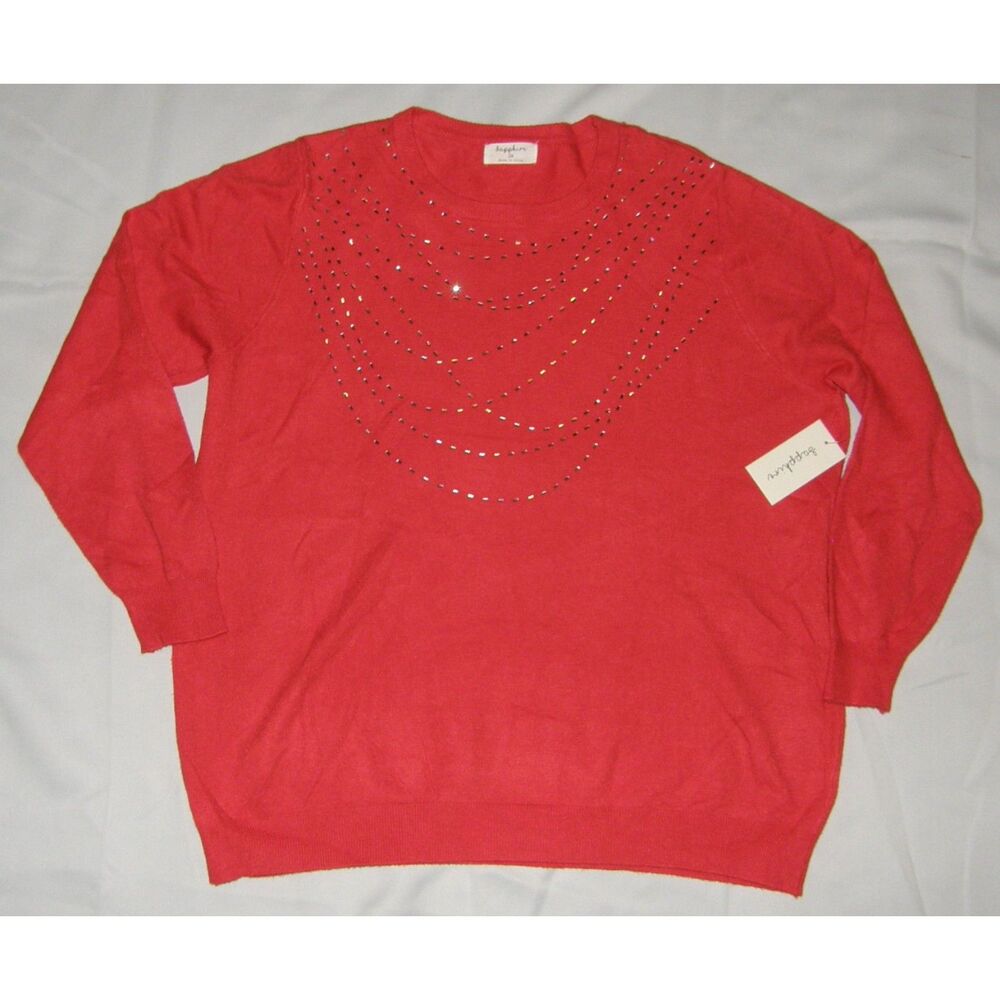 SAPPHIRE Bright Red Sz 2X Soft Stretchy Lightweight Rhinestones Sweater NEW NWT
